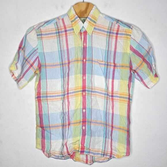 Alan Flusser Multicolor Plaid 100% Linen Short Sleeve Button Shirt Large L - Picture 2 of 5